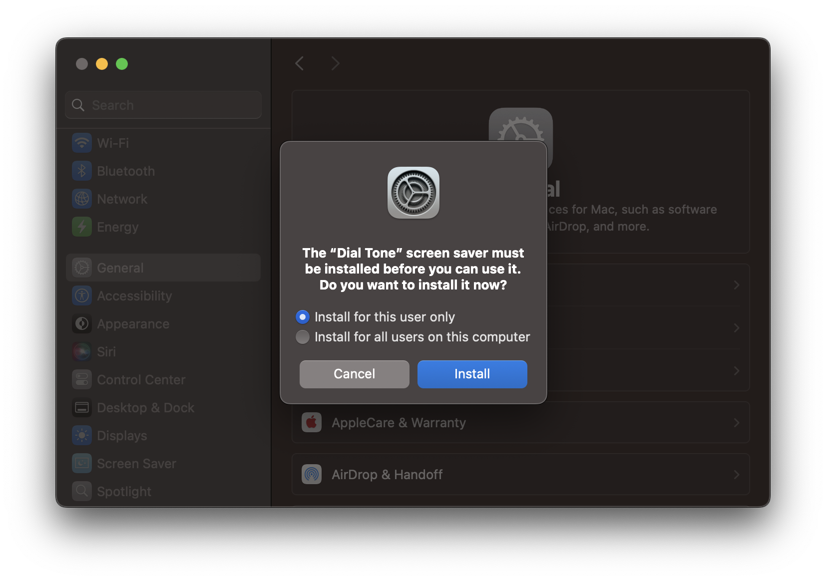 Sequoia screen saver installation dialog