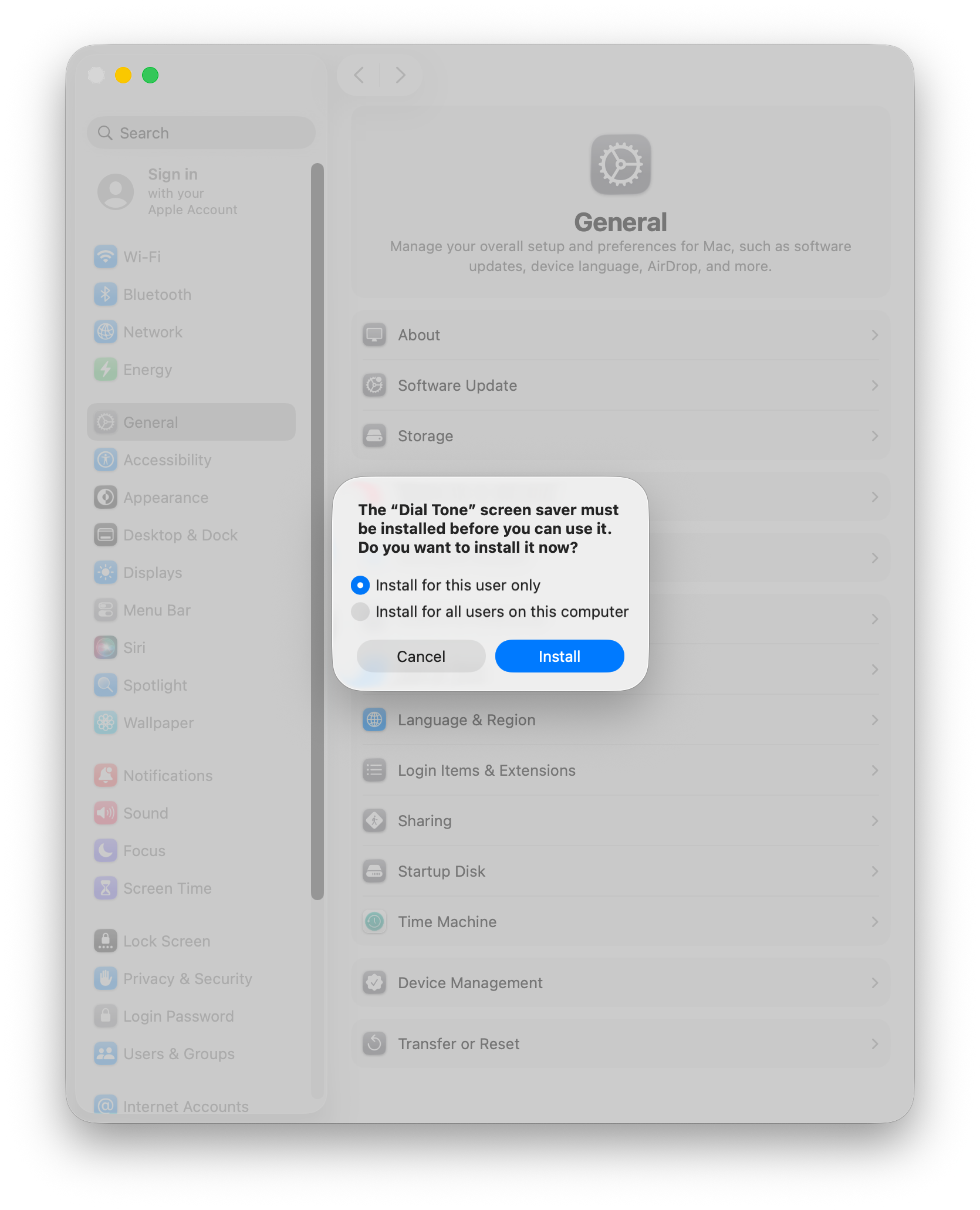 Tahoe screen saver installation dialog