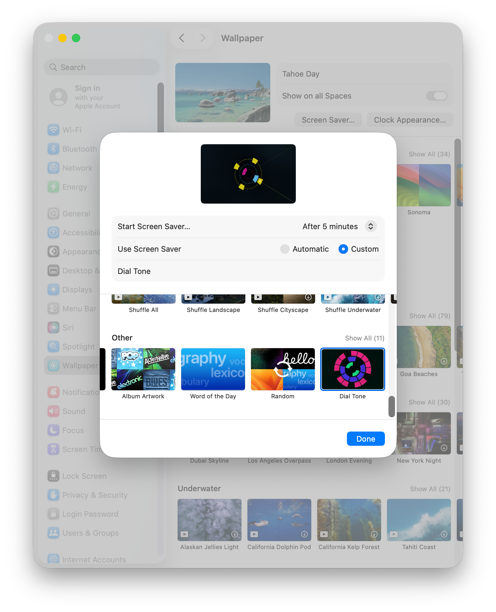 Tahoe screen saver selection screen